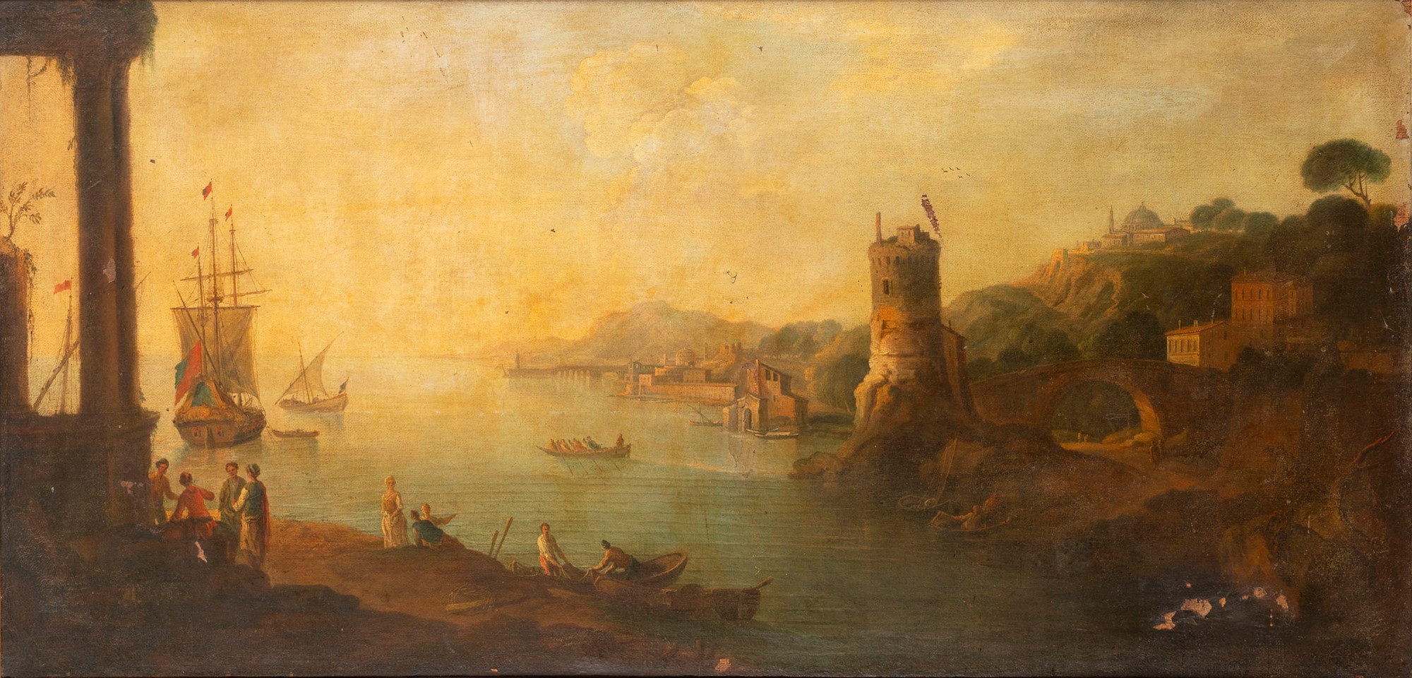 French painter active in Italy, eighteenth century - Coastal view with architectural capriccio and b