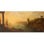 French painter active in Italy, eighteenth century - Coastal view with architectural capriccio and b