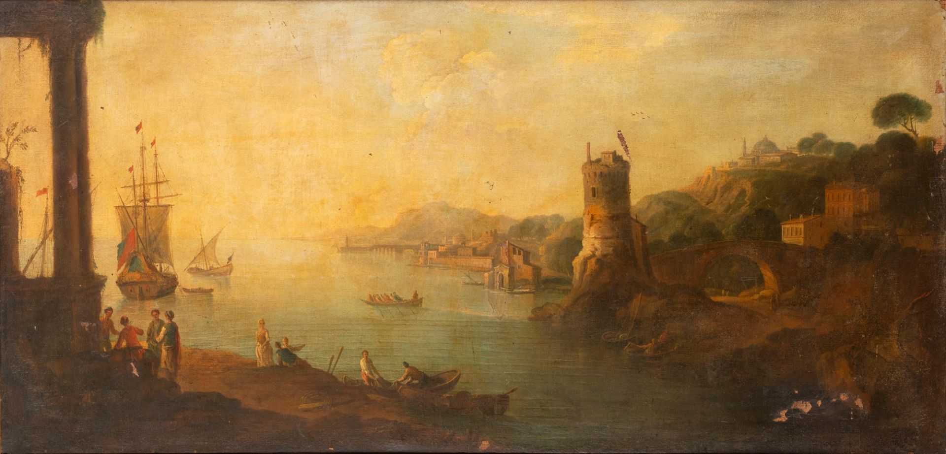 French painter active in Italy, eighteenth century - Coastal view with architectural capriccio and b