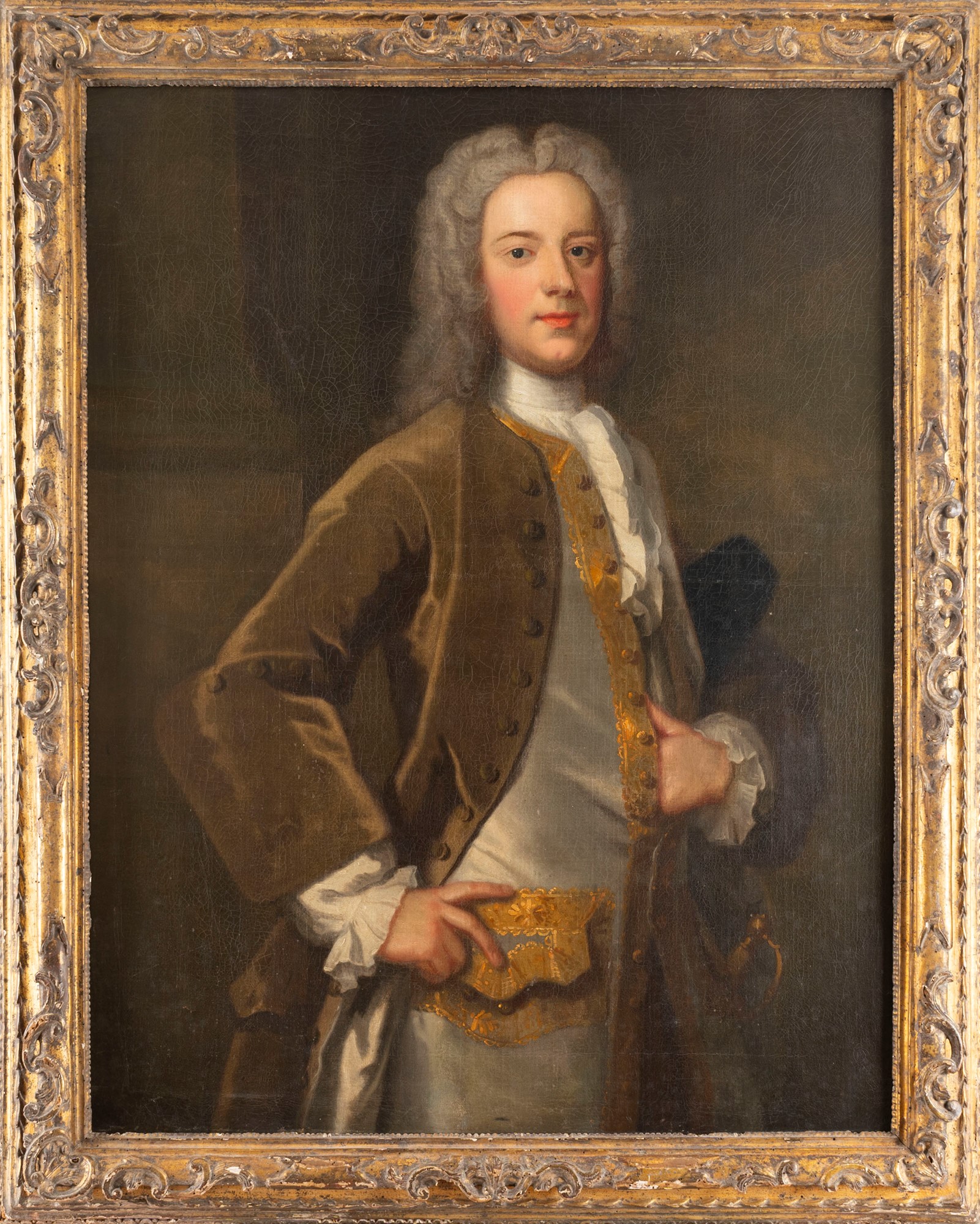 English School, XVIII Century - Three-quarter length portrait of a gentleman in a brown tailcoat - Image 2 of 3