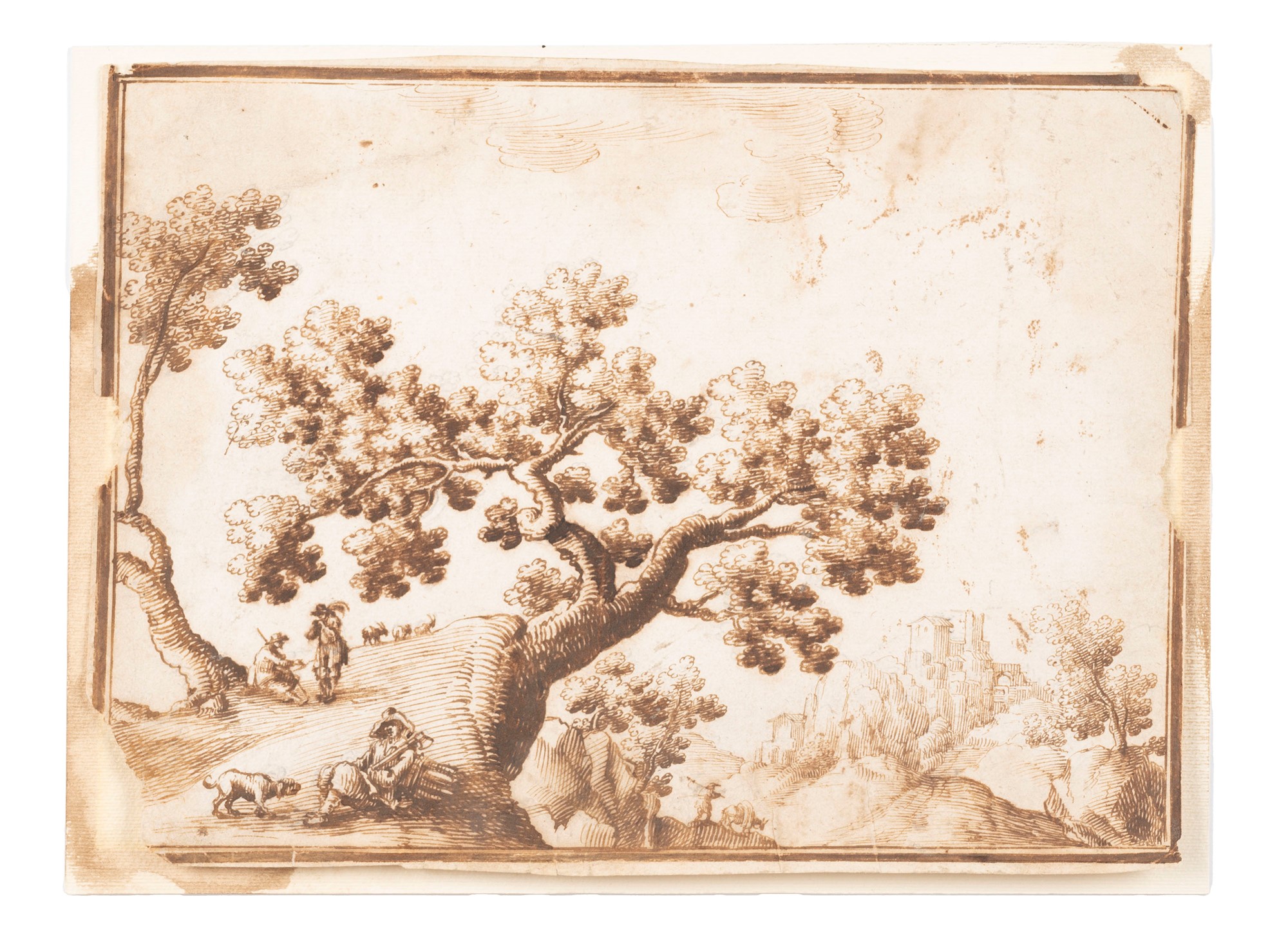 Tuscan school, sixteenth century - Landscape with tree, rocky spur and resting figures
