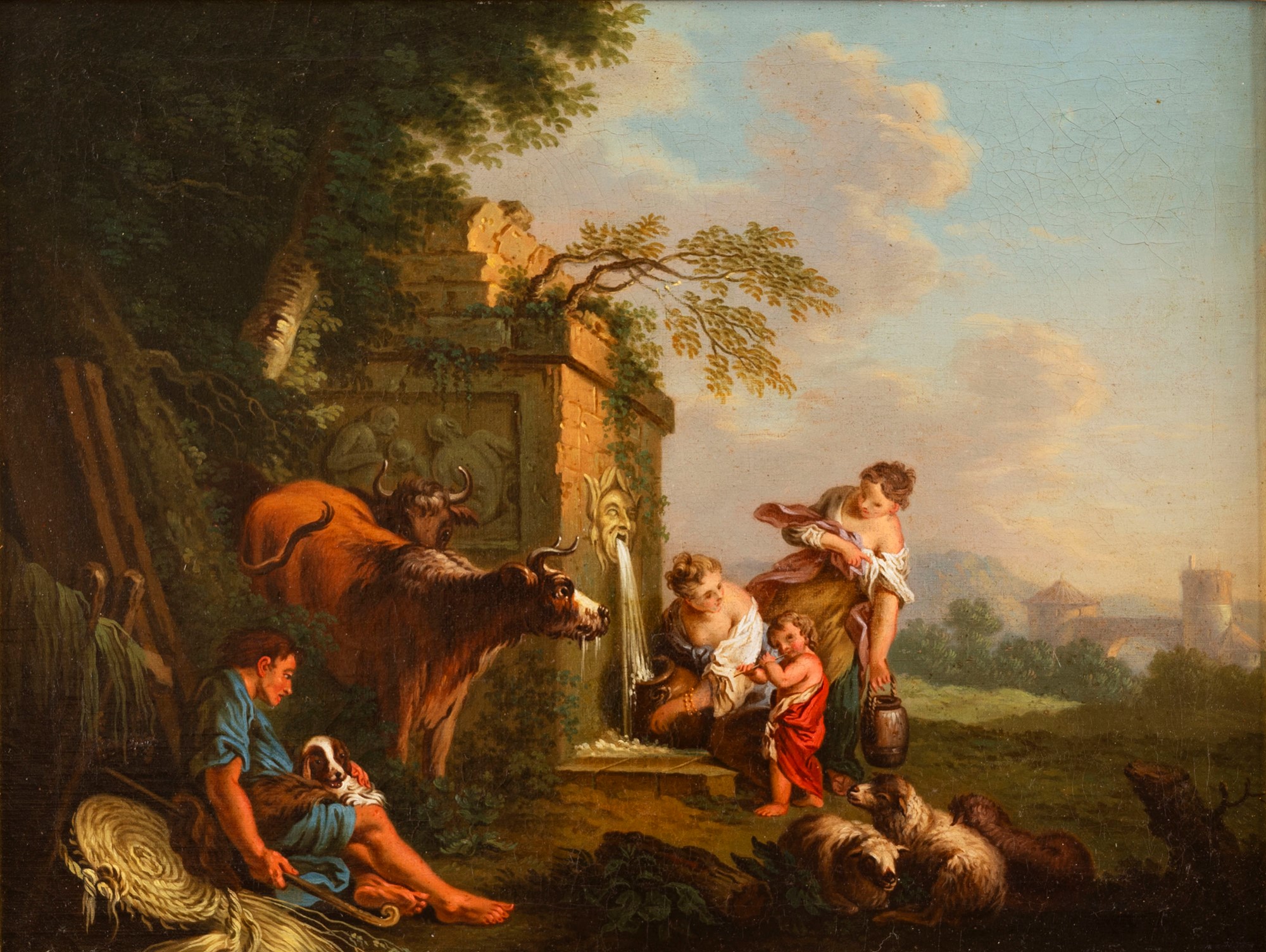Roman school, eighteenth century - Landscape with travelers near a fountain