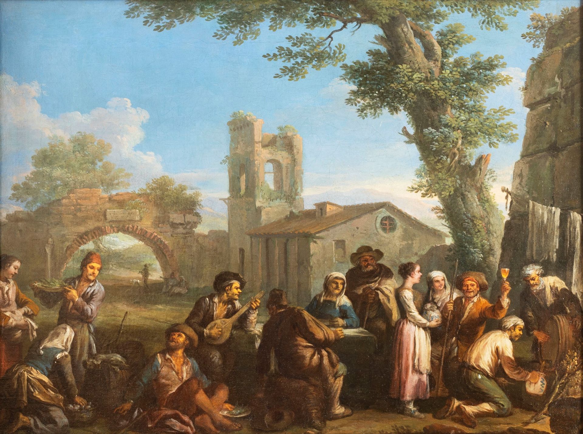Paolo Monaldi (Roma 1710-Roma 1779) - Landscape with peasants feasting on the farmyard