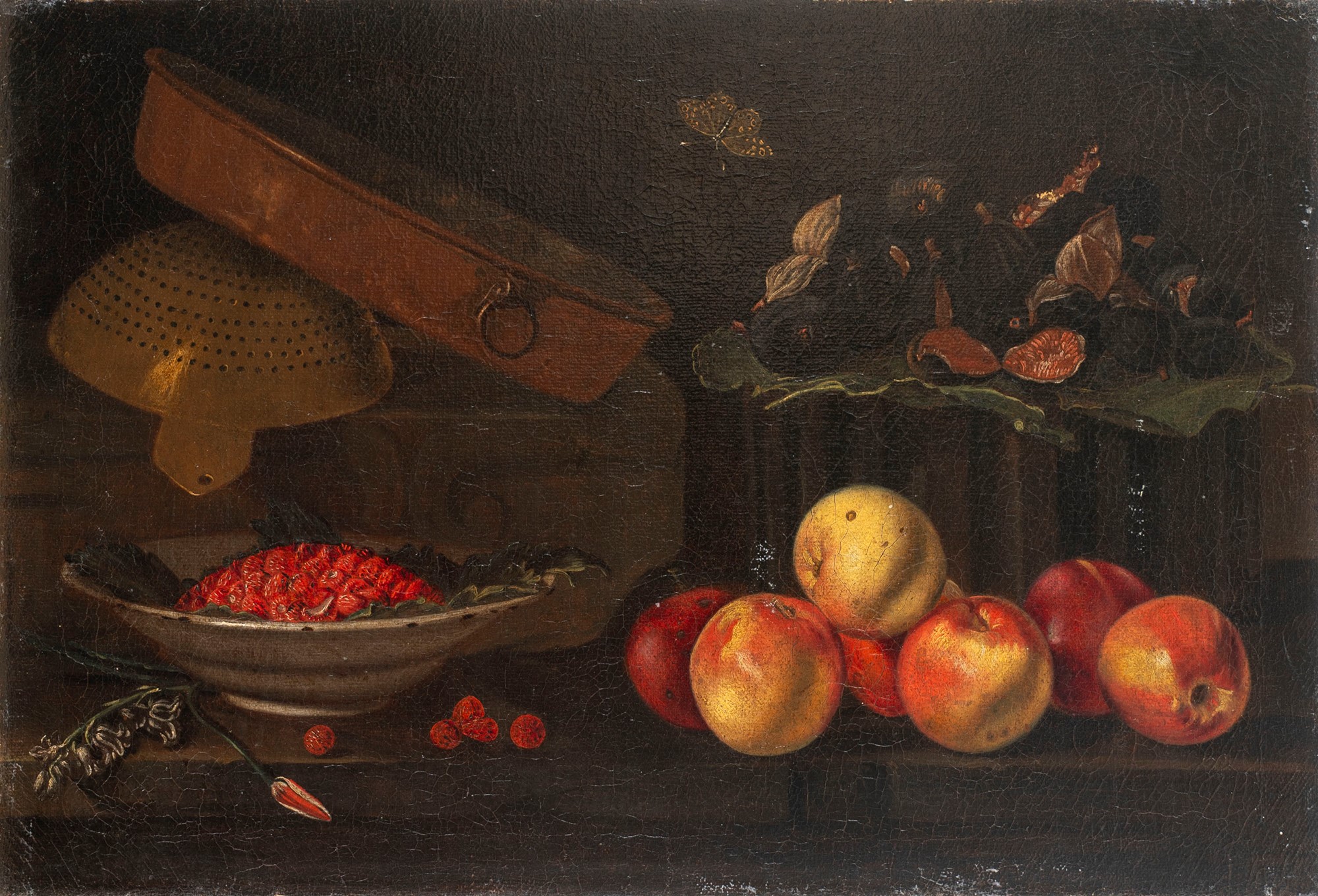 School of Central Italy, XVII century - Still life with wild strawberries on a plate, figs and peach