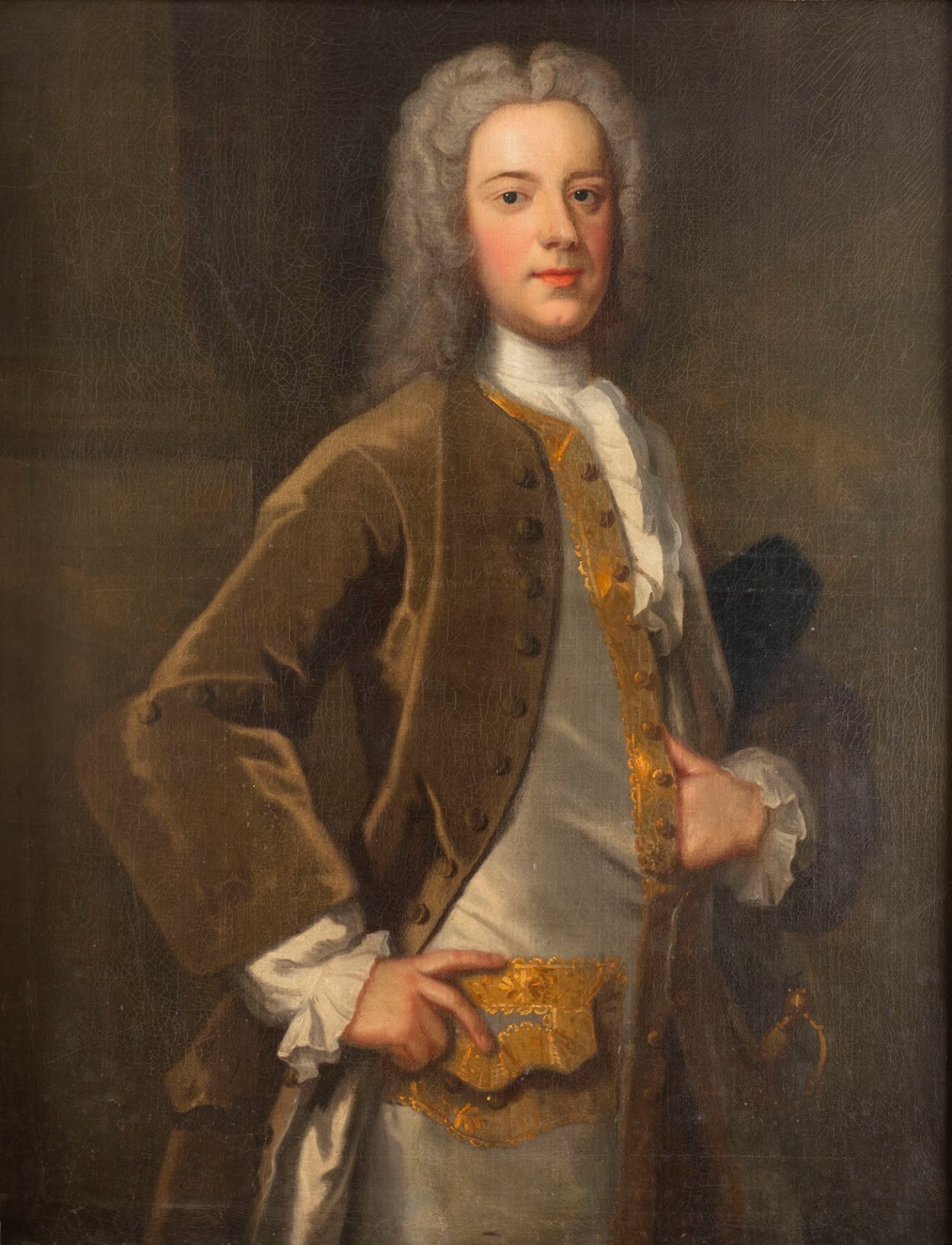 English School, XVIII Century - Three-quarter length portrait of a gentleman in a brown tailcoat