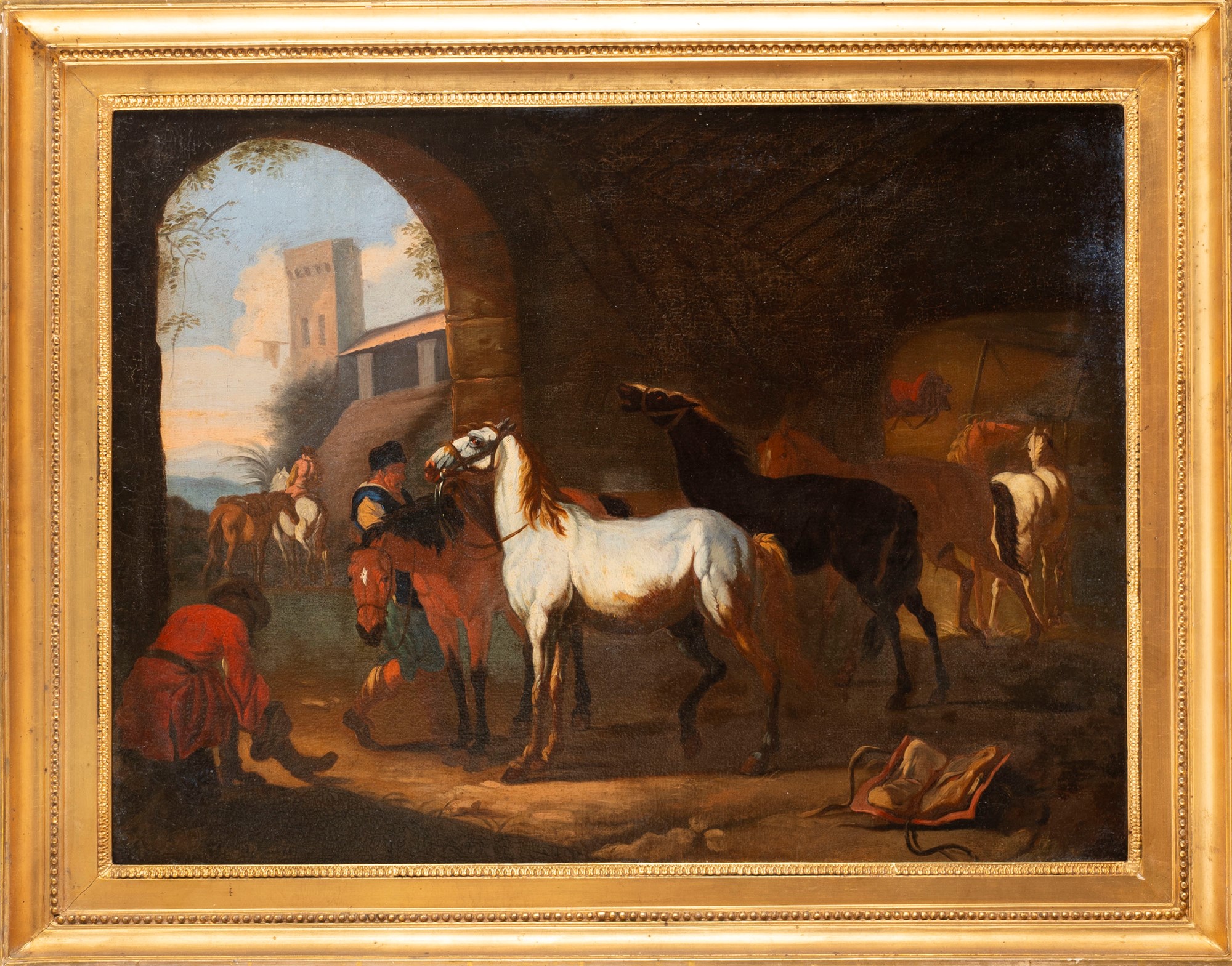 Flemish painter active in Italy, seventeenth century - Horses at rest with grooms - Image 2 of 3