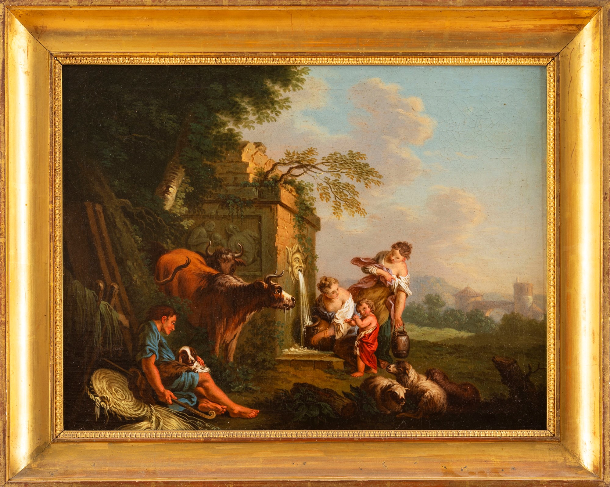 Roman school, eighteenth century - Landscape with travelers near a fountain - Image 2 of 3