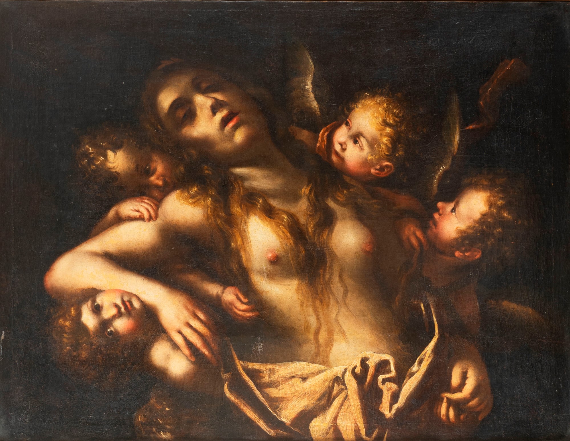 Lombard School, XVII century - Magdalene in ecstasy supported by angels