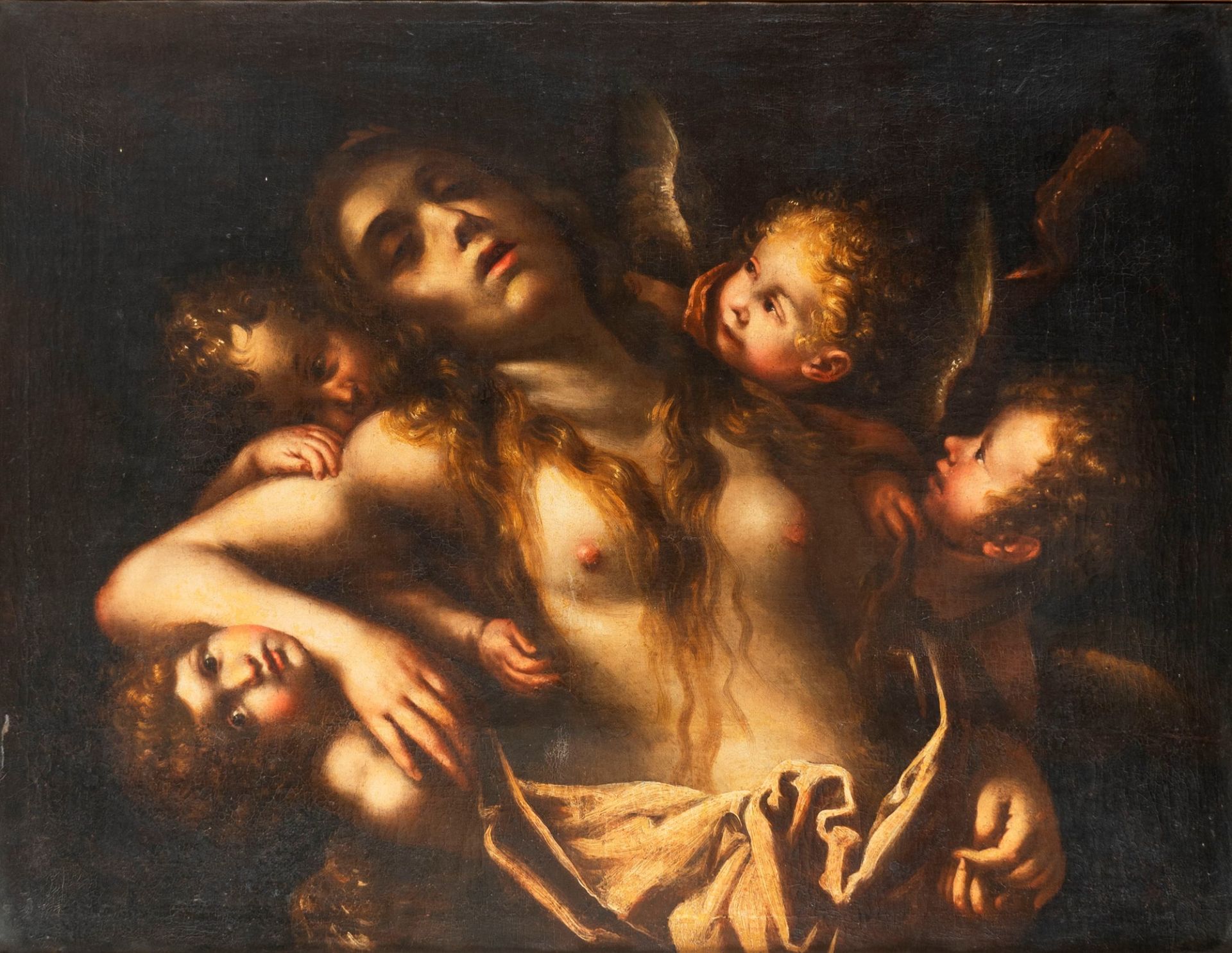 Lombard School, XVII century - Magdalene in ecstasy supported by angels