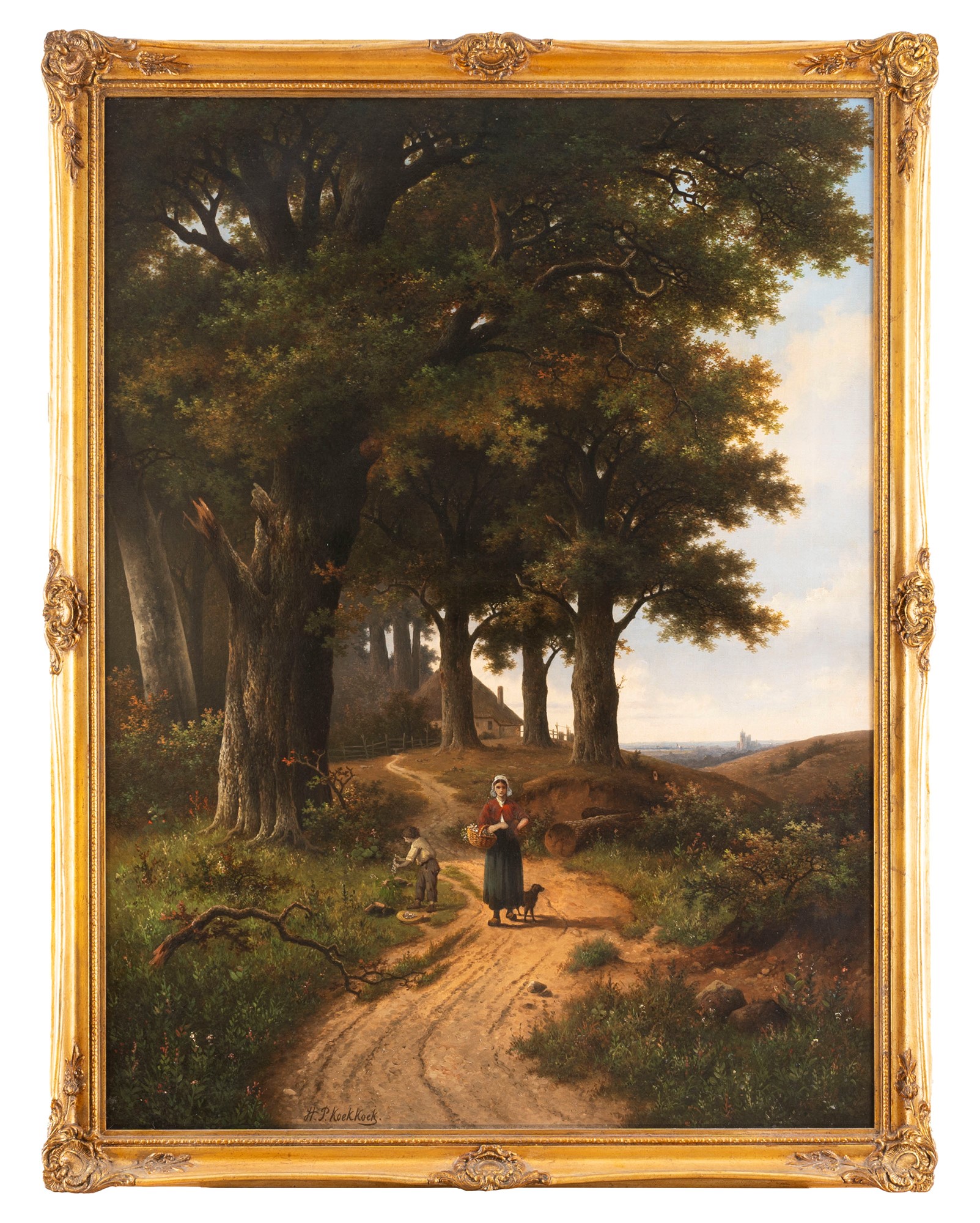 Hendrick Pieter Koekkoek (Paesi Bassi 1843-1890) - Landscape with peasant woman on a path in the wo - Image 2 of 3