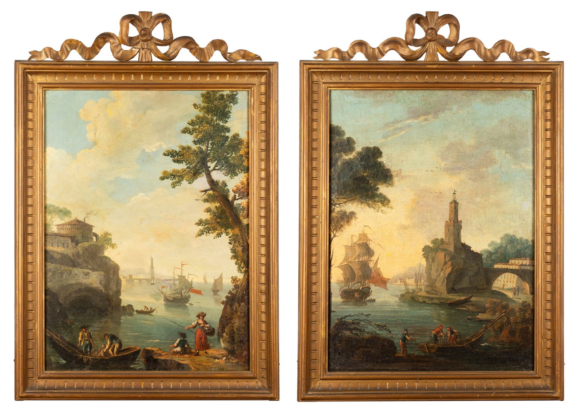 Italian school, eighteenth century - Two coastal landscapes with fishermen and sailing ships