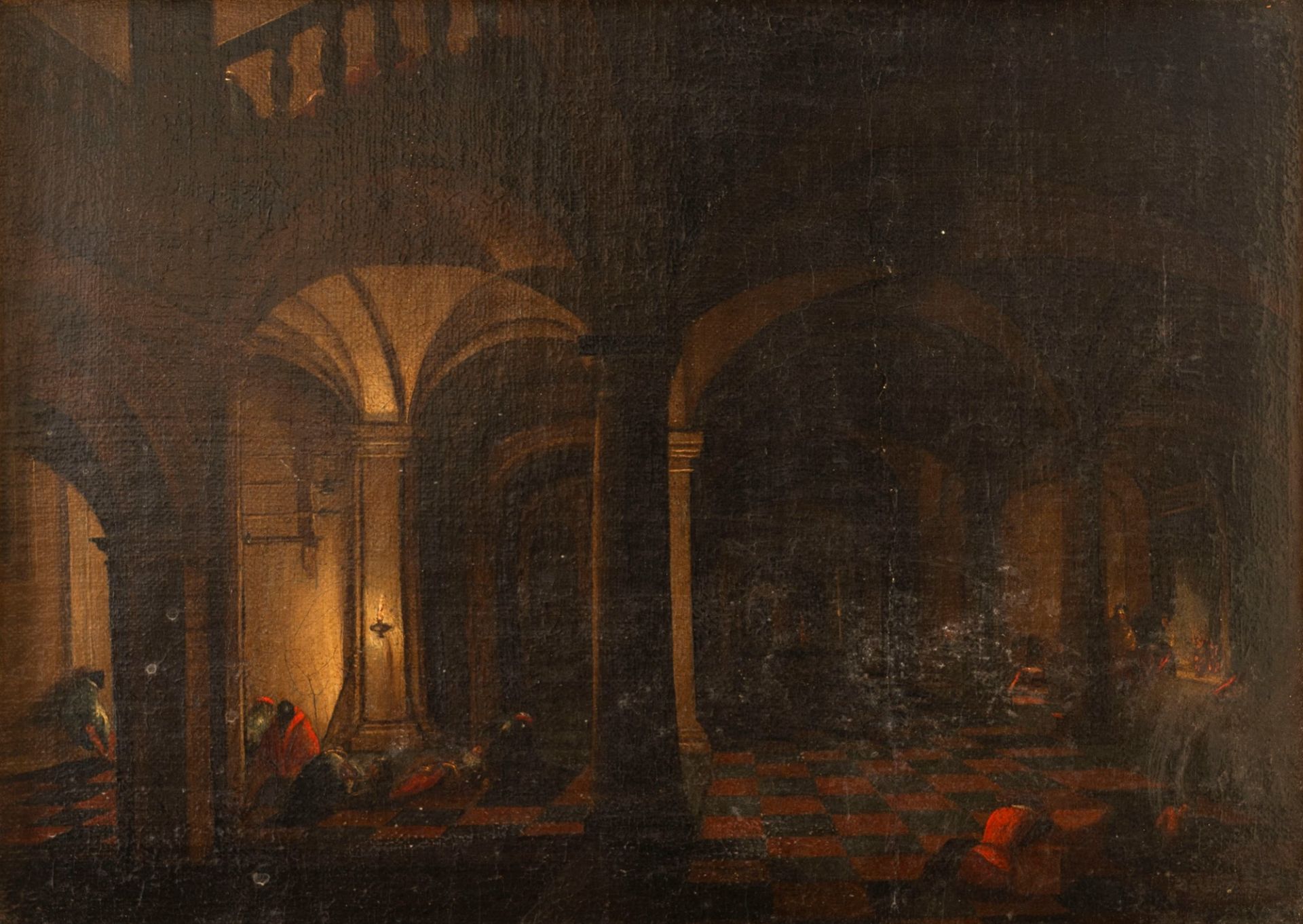 Flemish School, XVII century - Interior scene by candlelight with figures