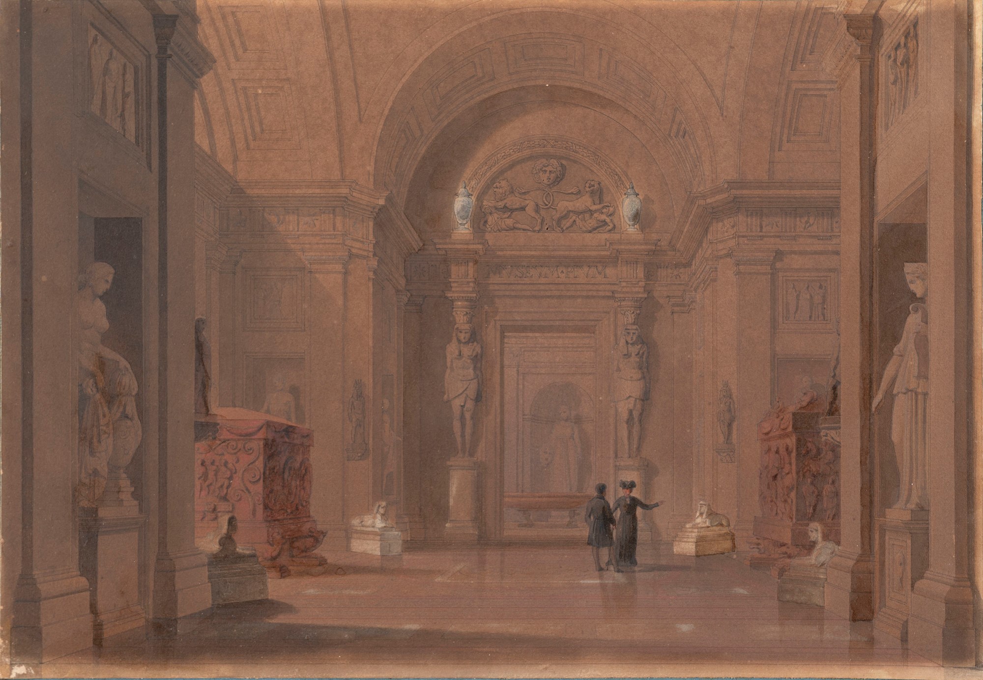 Jules-Frédéric Bouchet (Parigi 1799-1860) - Hall of the Pio Clementino Museum with the sarcophagus
