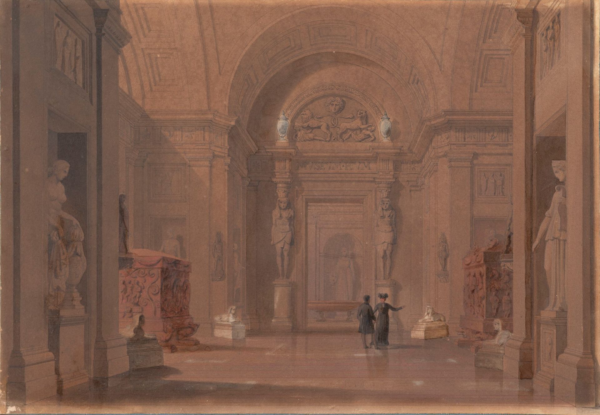 Jules-Frédéric Bouchet (Parigi 1799-1860) - Hall of the Pio Clementino Museum with the sarcophagus