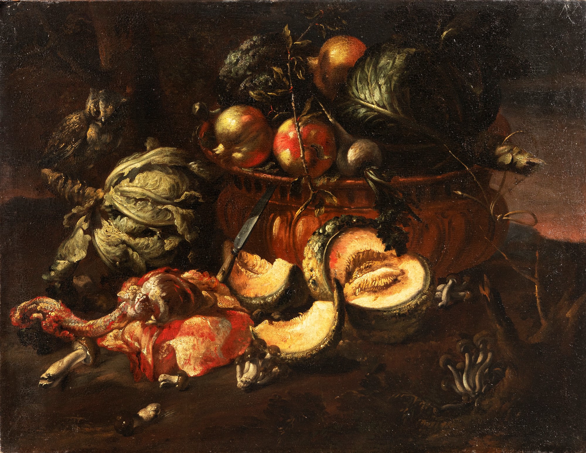 Felice Boselli (Piacenza 1650-Parma 1732) - Entrails, vegetables and fruits with a owl