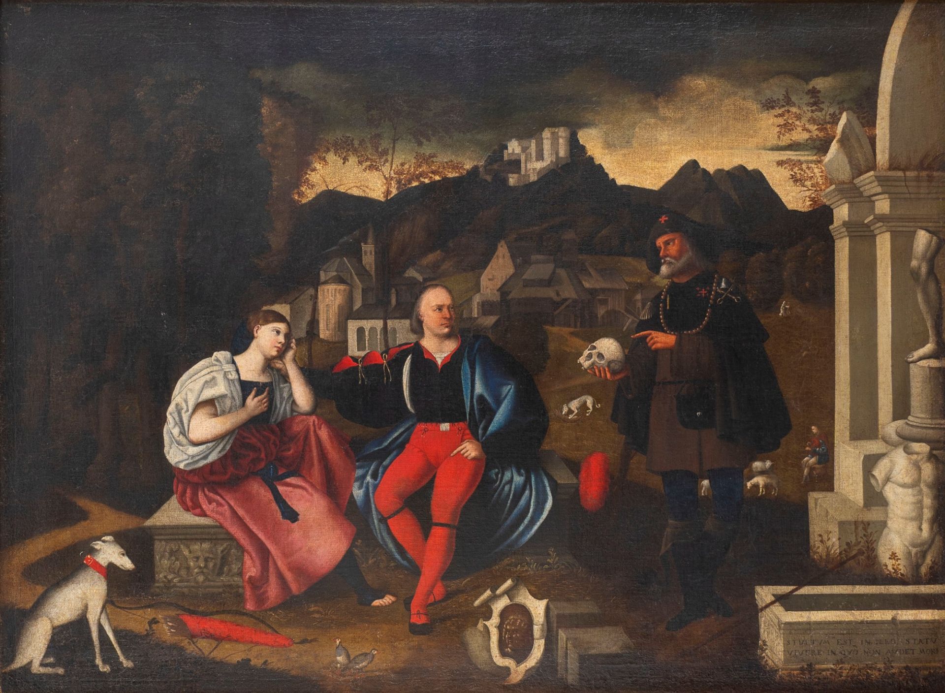 Venetian school, end of the sixteenth century - Allegorical scene with pilgrim admonishing two lover