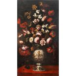 Neapolitan school, XVII century - Roses, daffodils, carnations and other flowers in a decorated vase