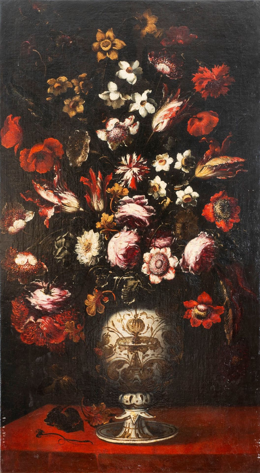 Neapolitan school, XVII century - Roses, daffodils, carnations and other flowers in a decorated vase