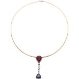 Pendant with rubelite and tanzanite on omega hoop