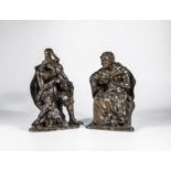 Pair of Bronze Sculptures: Seated Old Woman and Beggars with Hurdy-Gurdy