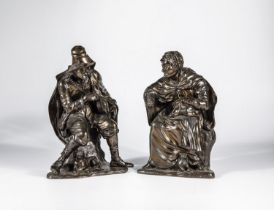 Paar Bronzeplastiken: Sitzende Alte und Bettler mit Drehleier