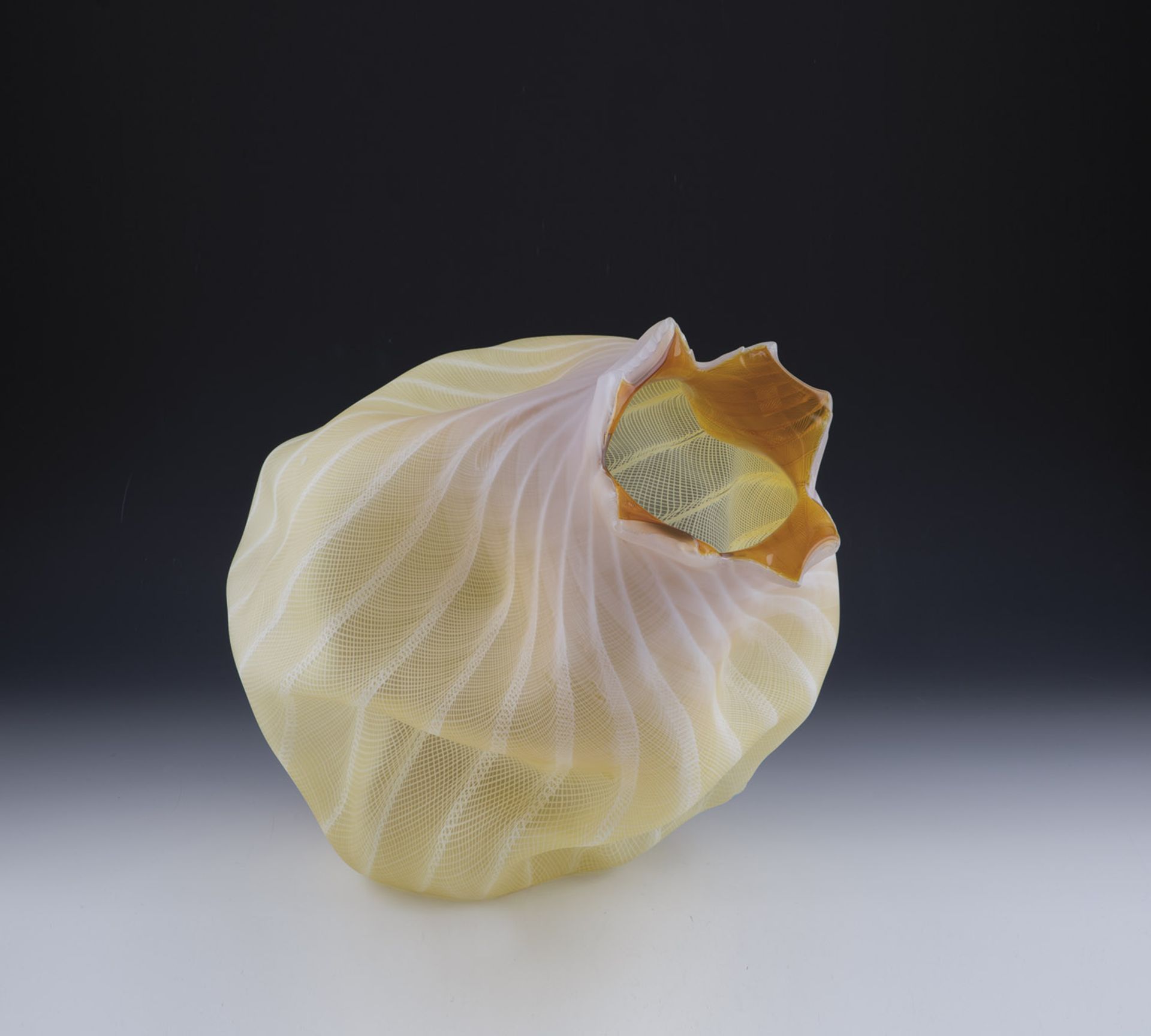 ''Filigree Spirit Fruit'' Jeremy Maxwell Wintrebert Honey yellow glass, with white 'zanfirico' glass