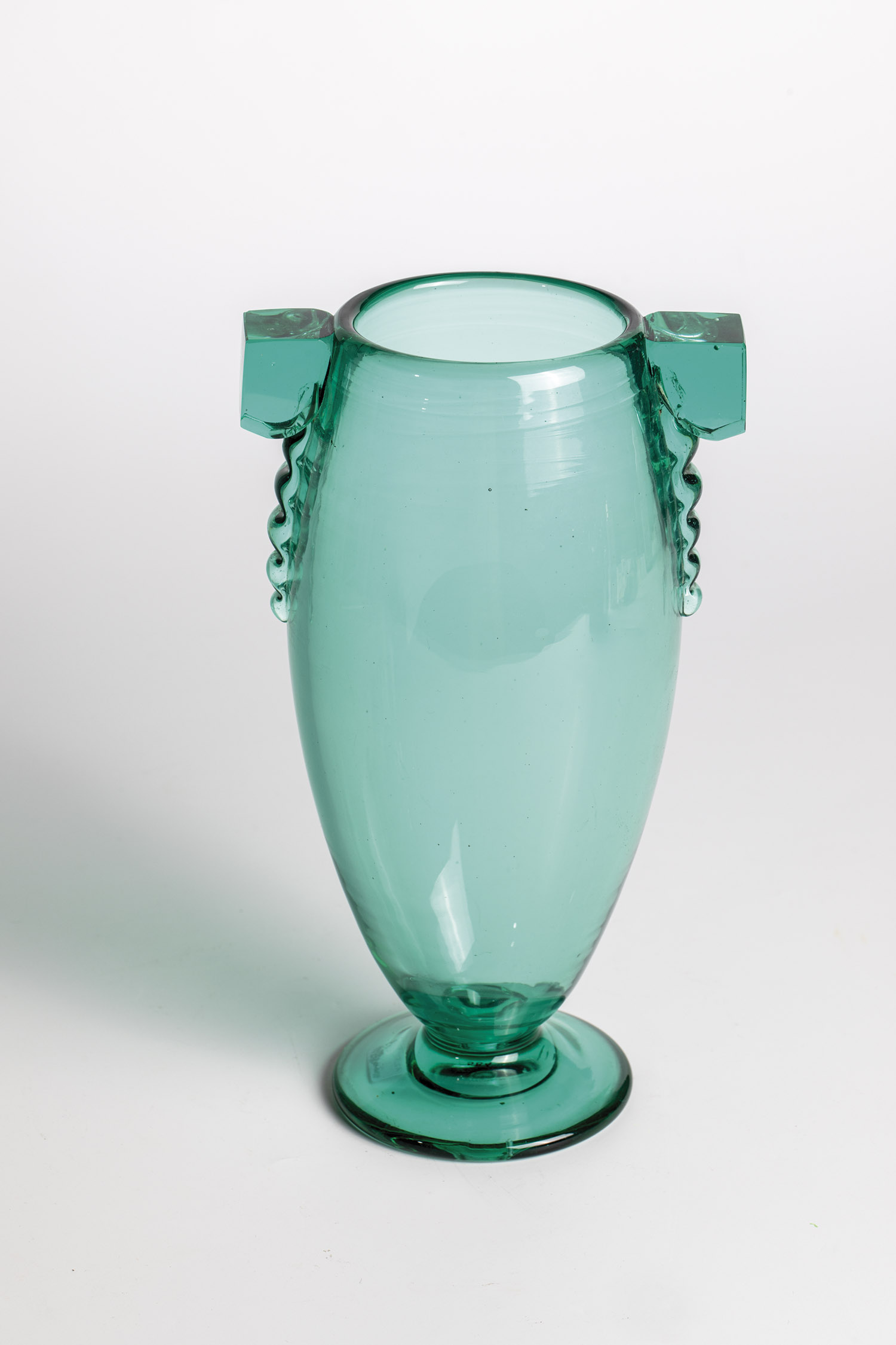 Andre Delatte ornamental vase, Nancy, 1920s blue-greenish glass. Two appliqued and pinched handles