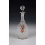 Bottle with stopper 19th century Colourless, frosted glass. Floral decor applied in enamel. H. 22