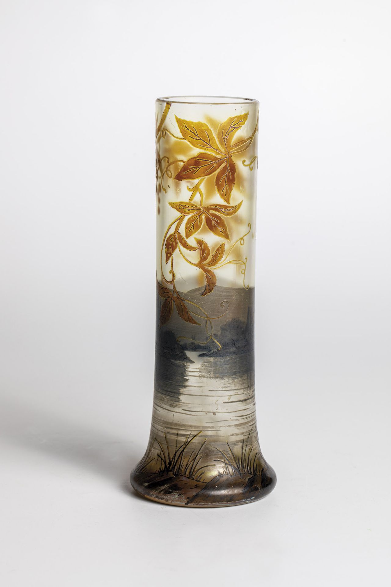 Pole Vase with River Landscape Michel, Nancy, circa 1920 Colorless glass. Etched, colorfully painted