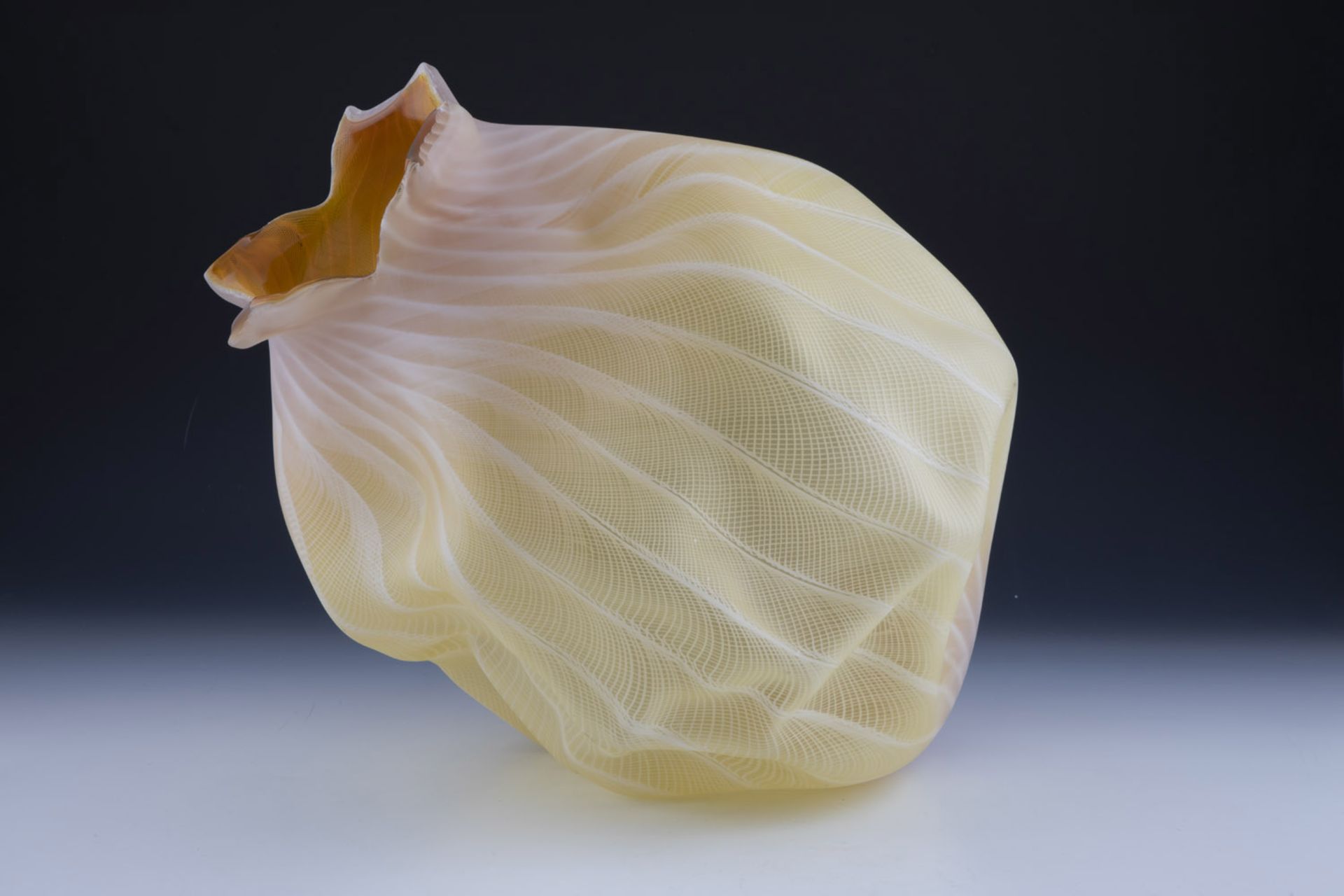 ''Filigree Spirit Fruit'' Jeremy Maxwell Wintrebert Honey yellow glass, with white 'zanfirico' glass - Image 2 of 2