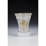 Ranft beaker Bohemia, M. 19th century White alabaster glass. Multi-faceted walls with stylized