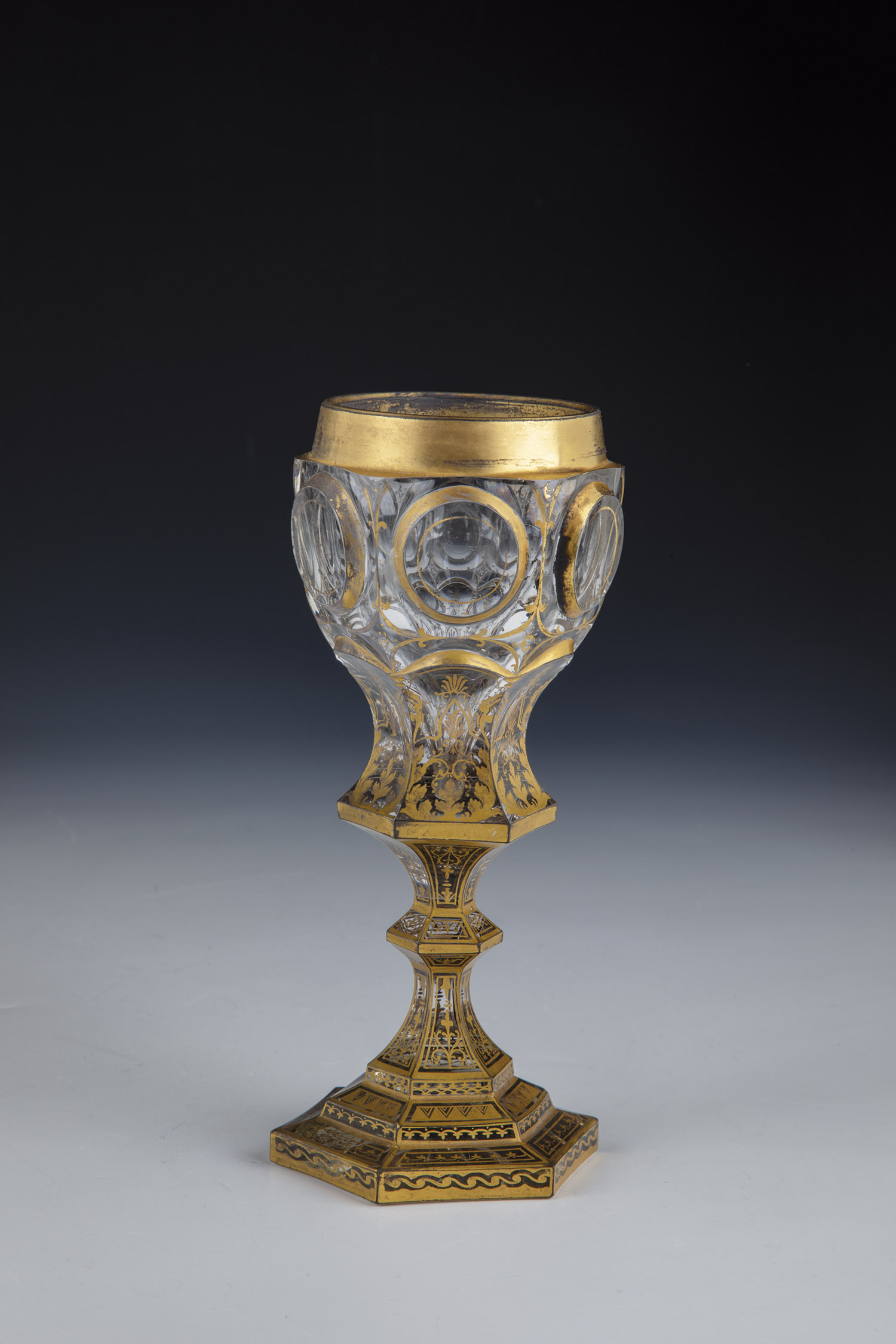 Goblet Russia, E. 18th / A. 19th century Colourless glass. Hexagonal stepped base with notched star.