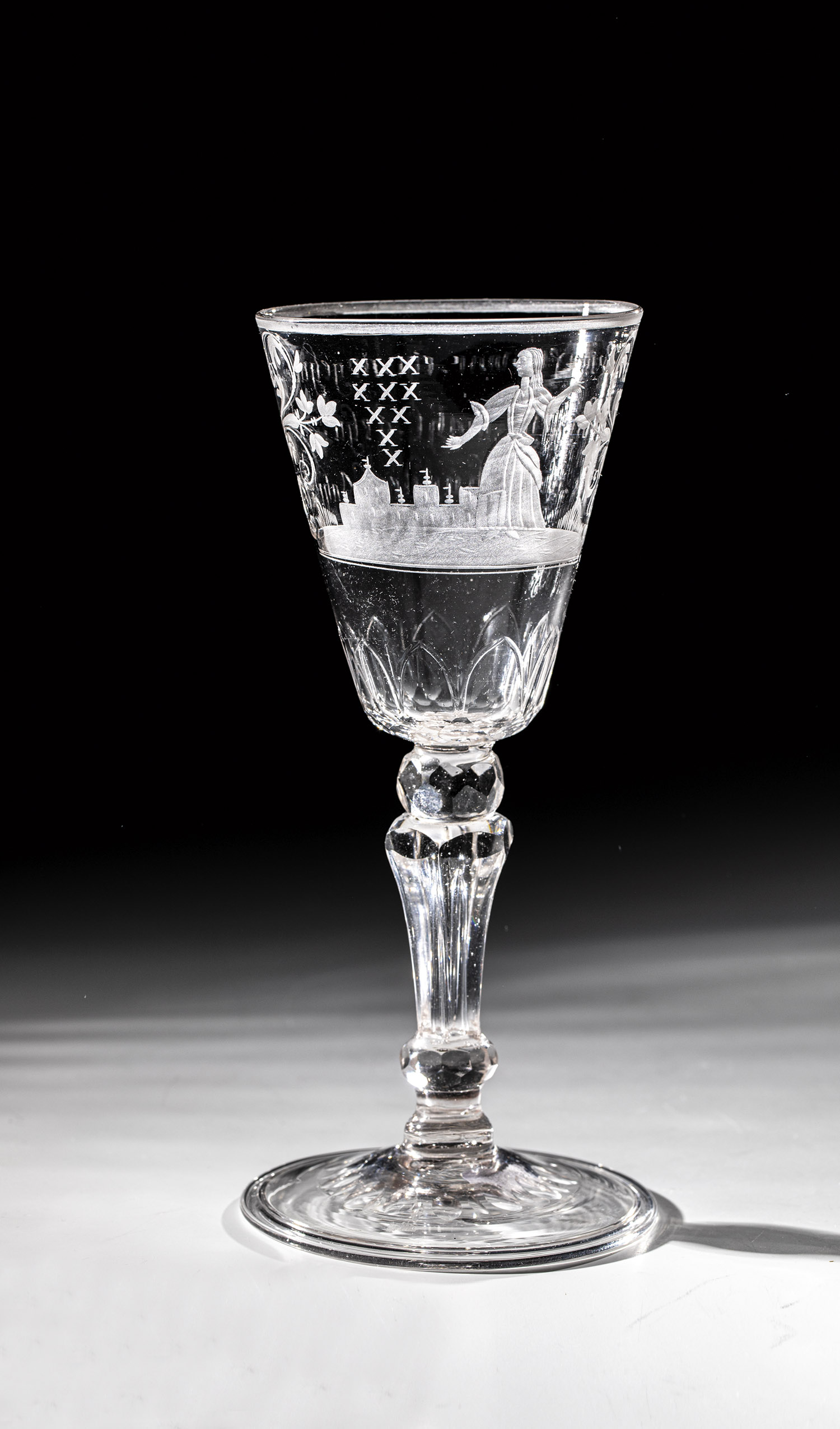 Goblet with saying Franconia or Thuringia, ca. 1720 Colourless glass with tear. Disc base with