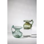 Two ink vessels Germany, 18th century tear-off glasses. Green or blue-green glass, constricted below