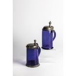 Two roller jugs with pewter mount Germany, 18th century Cobalt blue glass with tear-off. Flared,