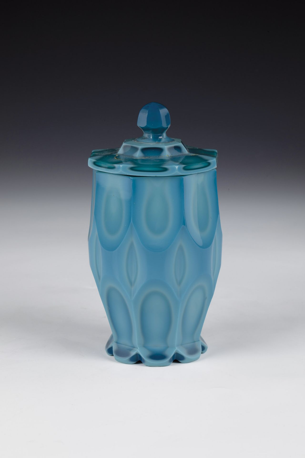 Stone glass Lidded beaker France or Bohemia, 19th century Turquoise stone glass with roller cut