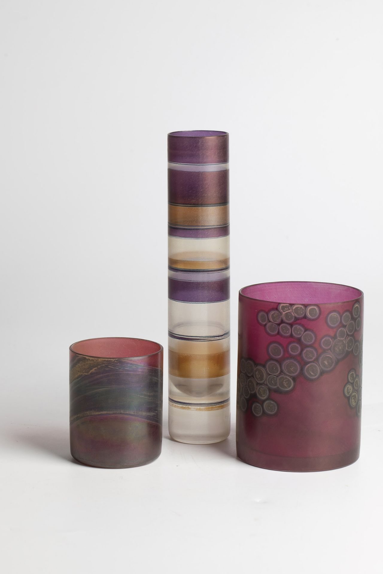 Pole vase and two tumblers Isgard Moje-Wohlgemuth, ca. 1969 Colourless glass, painted with