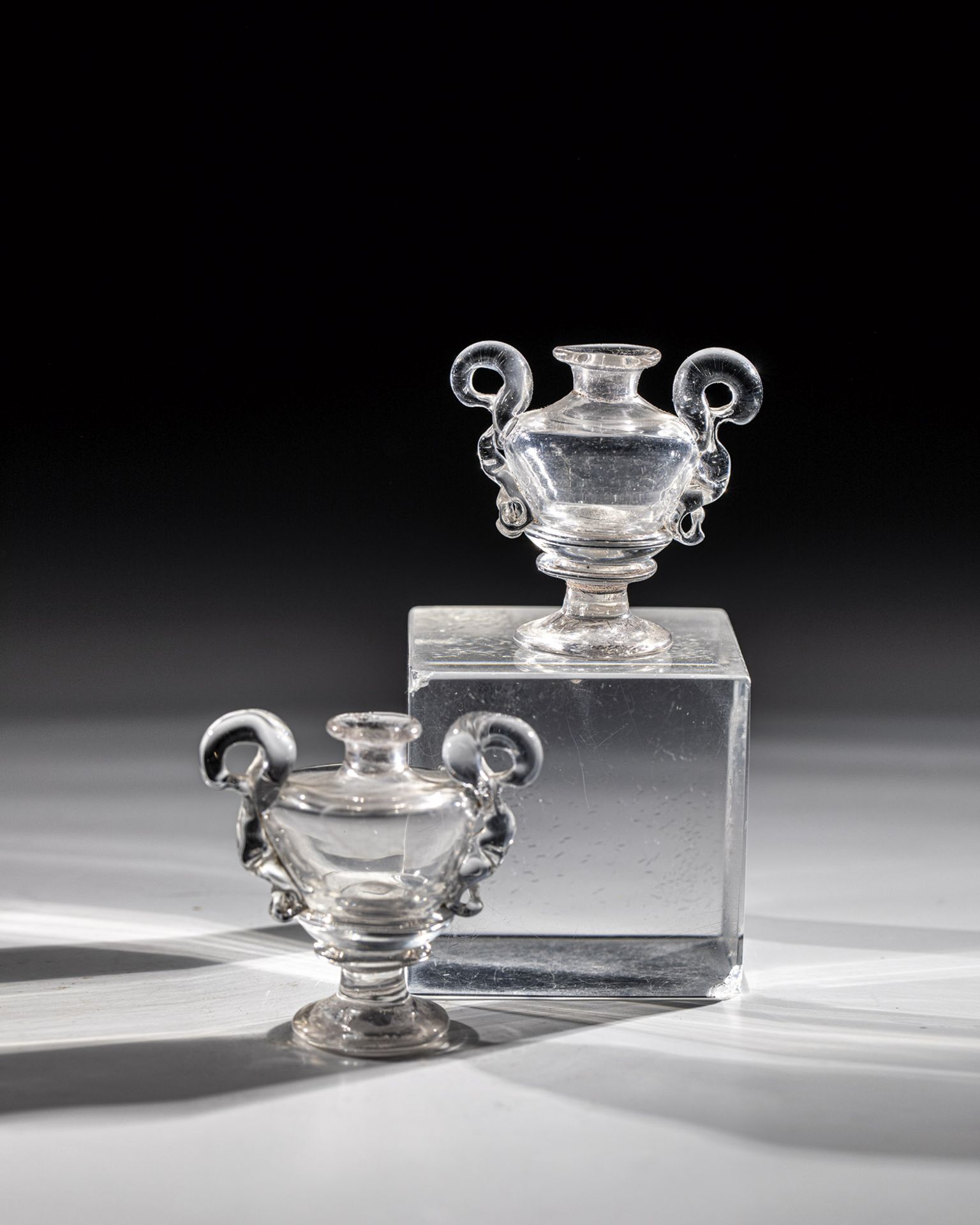 Pair of vases with handles for the doll's house 18th/19th century Grey-tinted glass with tear-off.