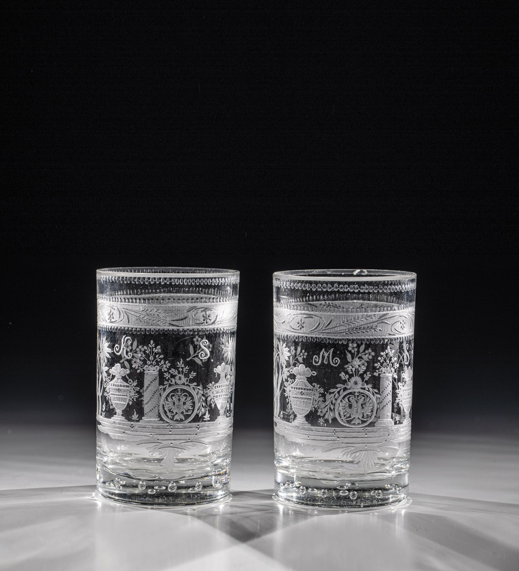 Pair of tumblers Jizera or Giant Mountains, circa 1820 Colorless glass. Solid bottom with