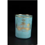 Mug with gold painting, Bohemia, E. 18th century, Light blue coloured frosted glass. Cylindrical