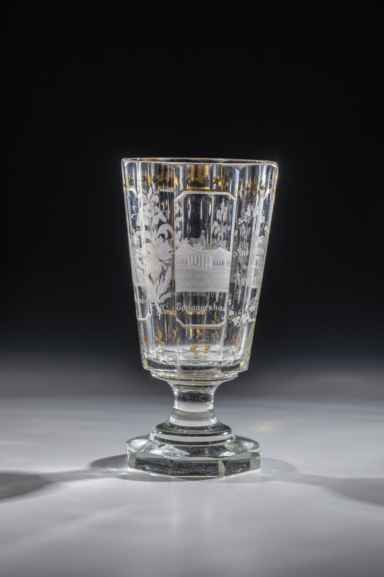 Souvenir mug from Tepittz Bohemia, 19th century Colourless glass. Eight-faceted foot. On the