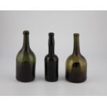 Three wine bottles, e.g. Belgium, E. 18th / A. 19th century, Green and brown glass. One bottle is