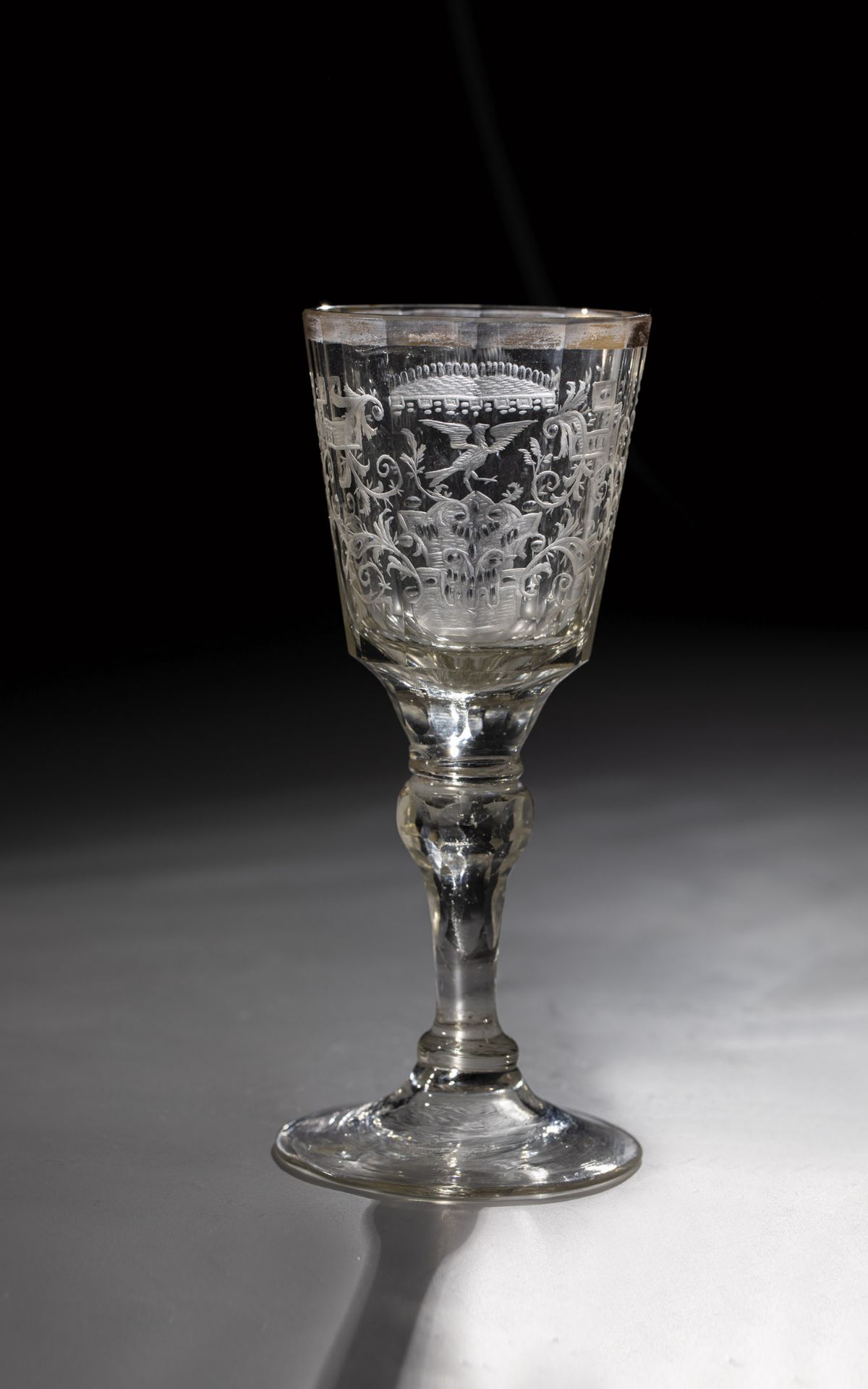 Goblet Silesia, ca. 1780 Colourless glass. Slightly rising disc foot. Shaft with faceted nodus.