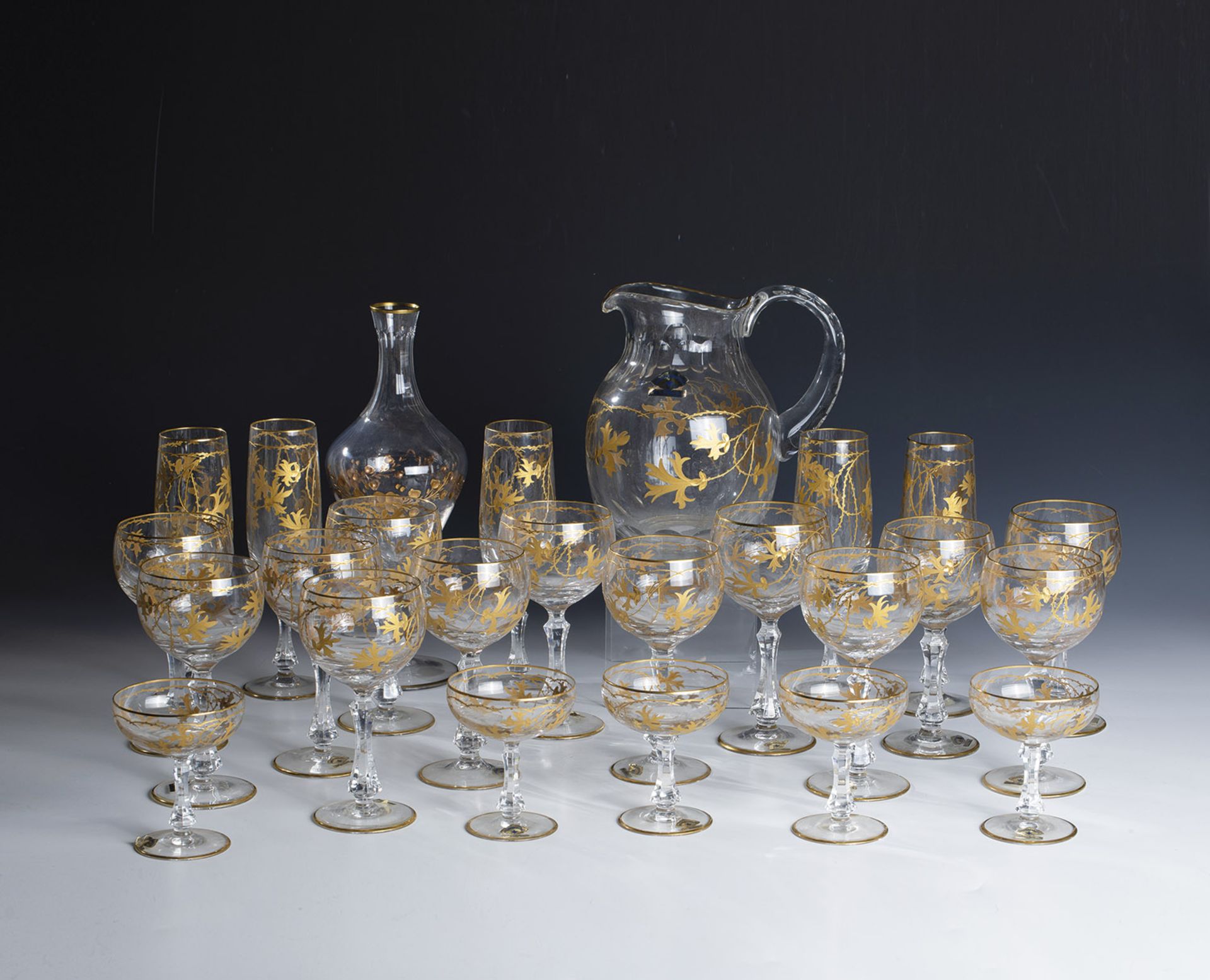 25-piece drinking service Josephinenhuette, ca. 1900 Stock: 1 carafe, 1 jug, 5 champagne glasses,