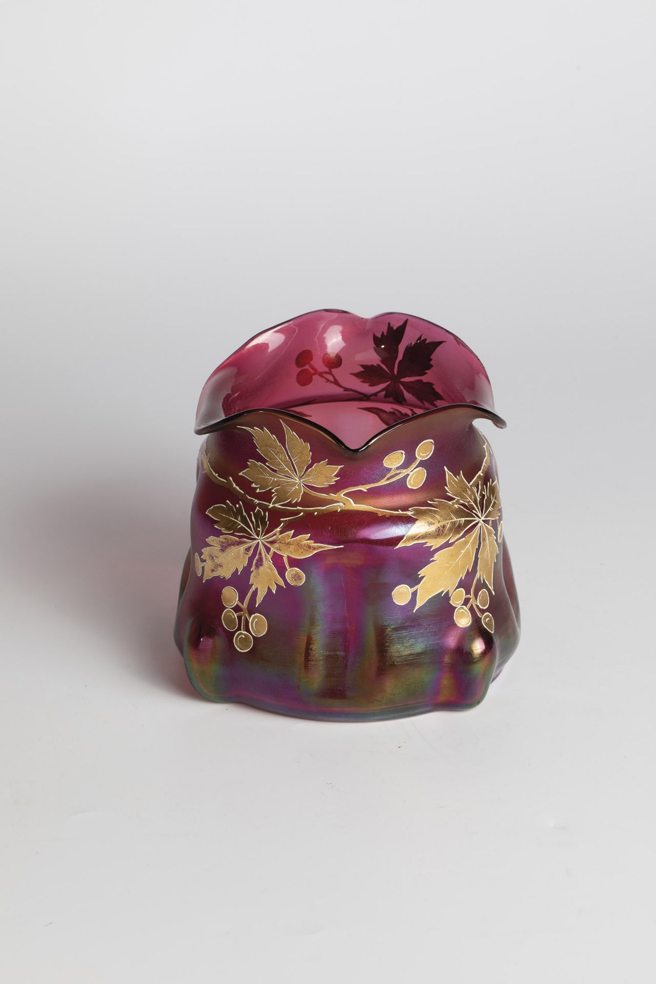 Vase Bohemia, ca. 1900 Colourless glass with ruby pink undering. Decoration painted all around in