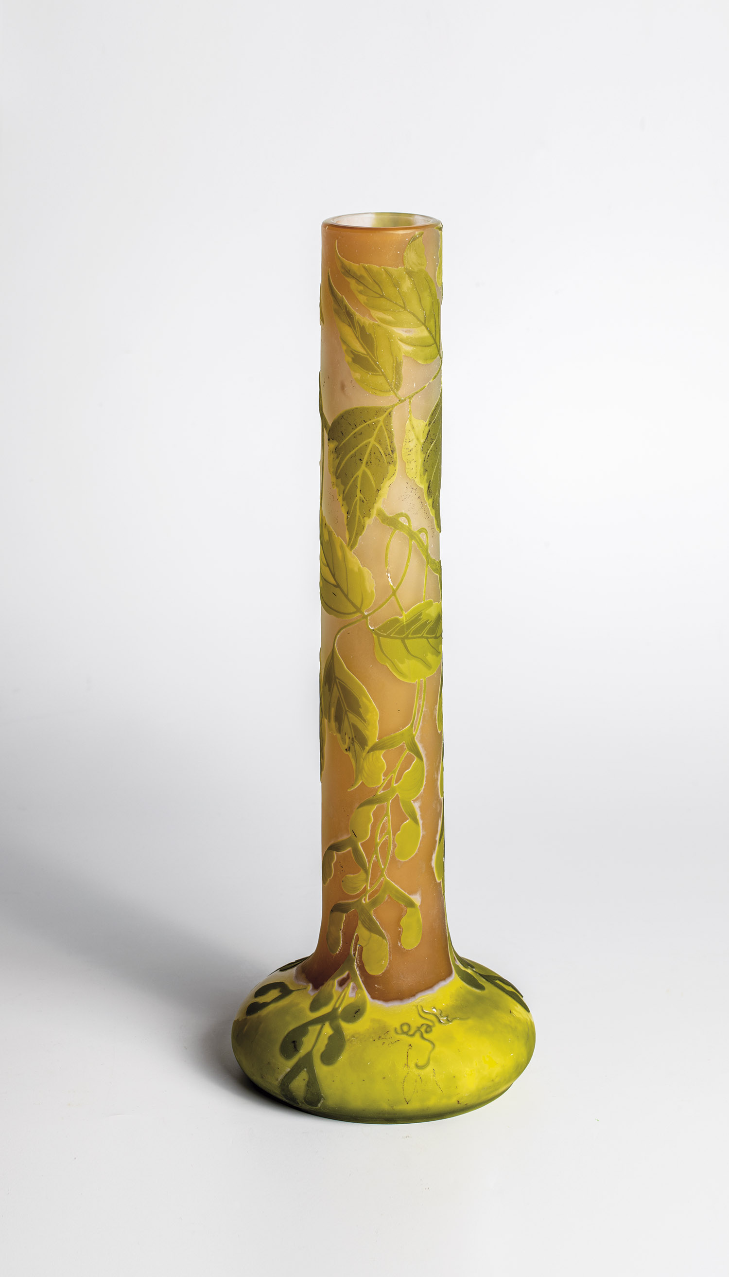 Pole Vase with Maple Emile Galle, Nancy, ca. 1900 Colourless glass, partially covered with orange-