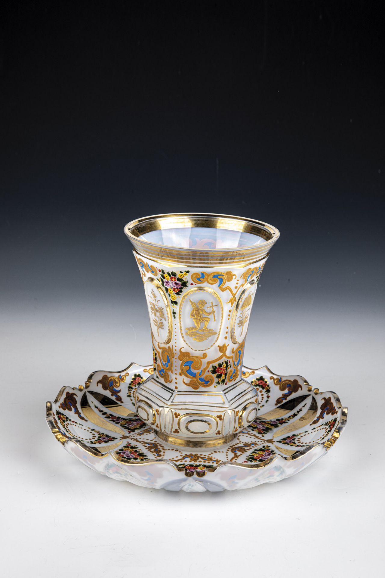 Glass with saucer Bohemia, 1830 Opalescent glass. Mug with base ball and fluted stand. Ranft with