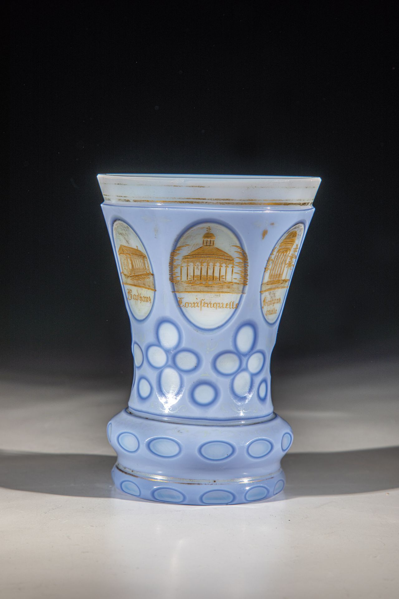 Mug with views of FrantiÅ¡kovy LaznÄ› Bohemia, M. 19th century Frosted glass with light blue overlay