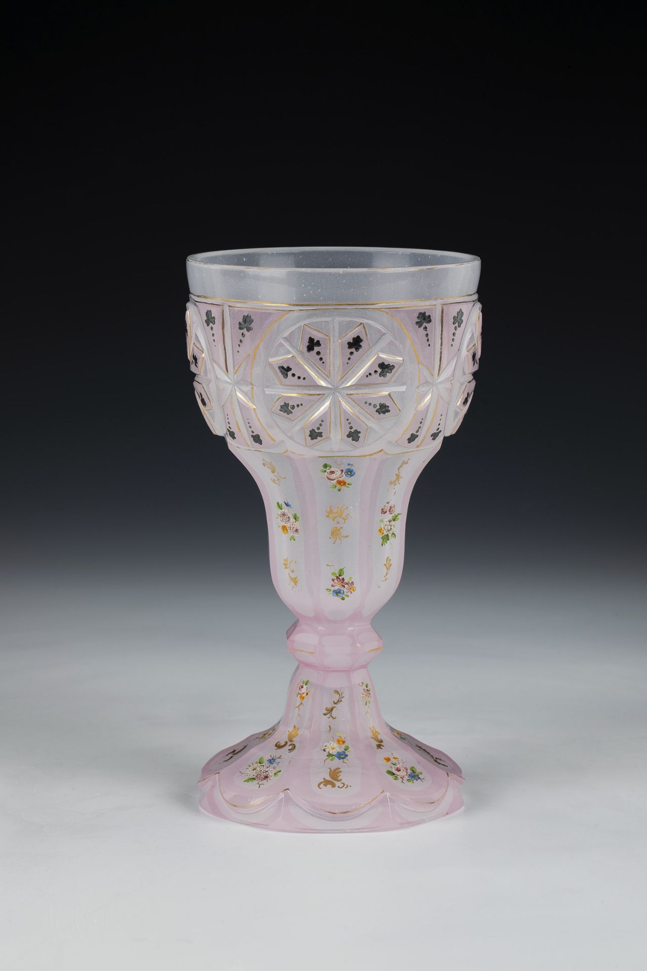 Goblet Annathal near Schuettenhofen, ca. 1840 White alabaster glass with an old pink overlay, partly