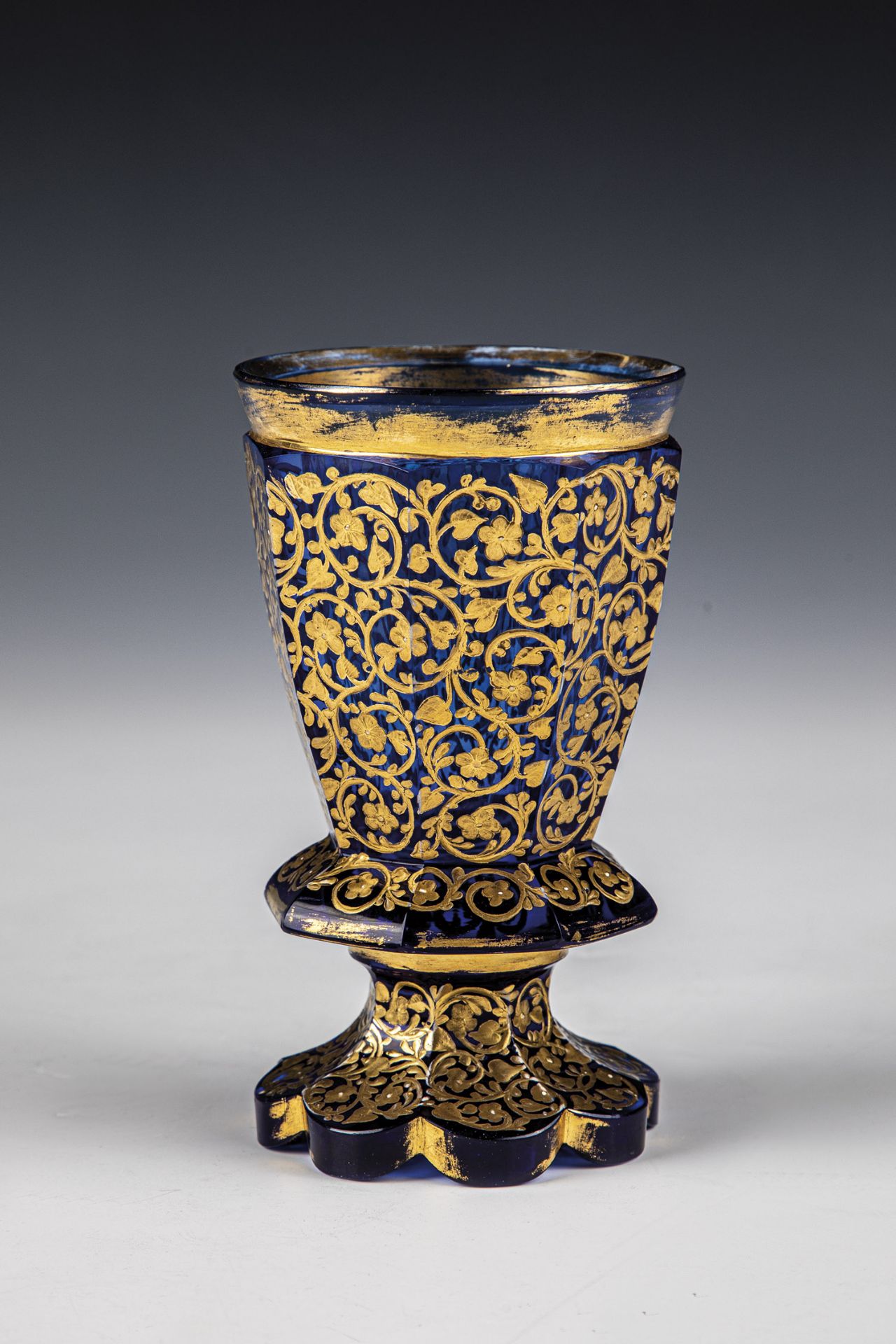 Foot cup Bohemia, circa 1860 Cobalt blue glass. The eight-faceted wall with comprehensive, impasto